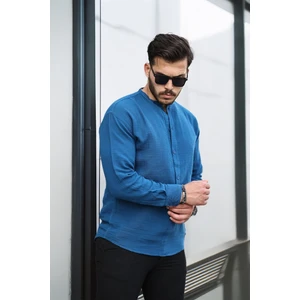 Yarım Pat Hakim Yaka Oversize Müslin Kumaş Gömlek -Indigo