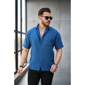 Oversize Müslin Kumaş Tek Cepli Gömlek- Indigo
