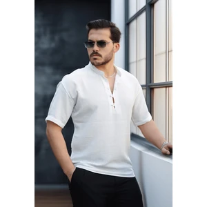 Oversize Yarım Pat Bambu Kısa Kol Gömlek - Beyaz