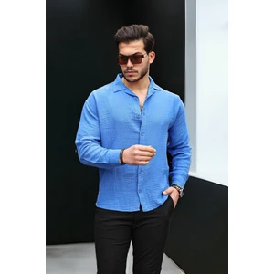 Apaş Yaka Oversize Müslin Kumaş Gömlek- Parlement Mavisi