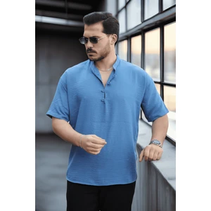 Oversize Yarım Pat Bambu Kısa Kol Gömlek - Saks