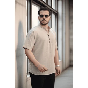 Oversize Yarım Pat Bambu Kısa Kol Gömlek - Bej