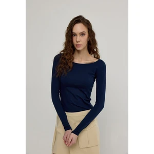 Kadın Lacivert Geniş Yakalı Uzun Kollu T-Shirt