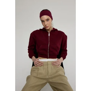 Kadın Bordo Renk Kapüşonlu Crop Sweatshirt Hırka