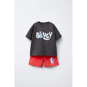 Unisex Çocuk Pamuklu Siyah Kırmızı Bluey T-Shirt ve Şort Takım