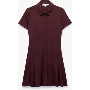 Pileli Mini Düğmeli Kısa Kollu Viskon Karışımlı Polo Yaka Elbise