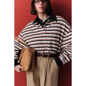 Polo Yaka Çizgili  Sweatshırt Lacivert