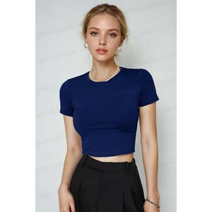 Teenage Millionaire Kadın Lacivert Bisiklet Yaka Likralı Kısa Kol Body Crop Bluz