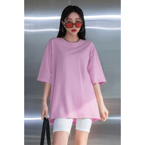 Açık Pembe Basic Düz Baskısız Oversize Salas Boyfriend Kadın T-Shirt