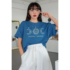 Kadın Pudra Pembe Oversize Celestial Sun Moon Baskılı T-Shirt