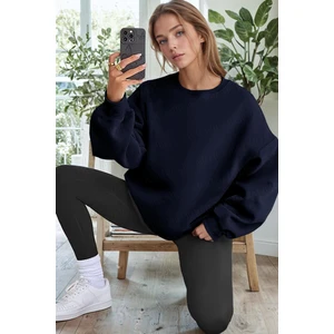 Kadın Lacivert Basic 0 Sıfır Yaka Baskısız Düz Oversize Salaş Bol Kesim Polar Sweatshirt