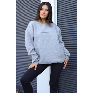Kadın Gri Dreamer Baskılı 0 Sıfır Yaka Oversize Salaş Bol Kesim Polar Sweatshirt