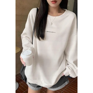 Kadın Kırık Beyaz Krem Ekru Dreamer Baskılı 0 Sıfır Yaka Oversize Salaş Bol Kesim Polar Sweatshirt