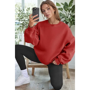 Kadın Kırmızı Basic 0 Sıfır Yaka Baskısız Düz Oversize Salaş Bol Kesim Polar Sweatshirt