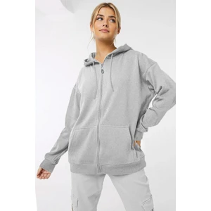Kadin Kapüşonlu Gri Melanj Fermuarlı Polar 3 Üç Iplik Şardonlu Kapşonlu Sweatshirt Zip Up Hoodie - K2204