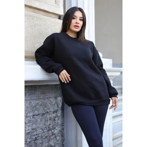Kadın Siyah Basic 0 Sıfır Yaka Baskısız Düz Oversize Salaş Bol Kesim Polar Sweatshirt