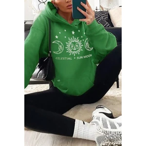 Kadın Bntn Yeşil Celestial 3 Iplik Şardonlu Kapüşonlu Kanguru Oversize Salaş Bol Hoodie Sweatshirt