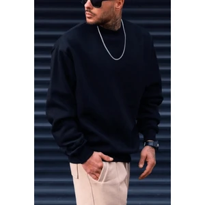 Erkek Lacivert Basic 0 Sıfır Yaka Baskısız Düz Oversize Salaş Bol Kesim Polar Sweatshirt