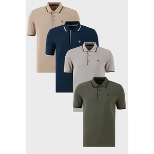 Pamuklu Slim Fit Şerit Detaylı Düğmeli Polo Yaka 4'lü T Shirt Erkek T Shirt 5902118S4
