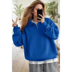 Kadın Mavi Yarım Fermuar Polo Yaka 3 Iplik Içi Polarlı Şardonlu Oversize Sweatshirt