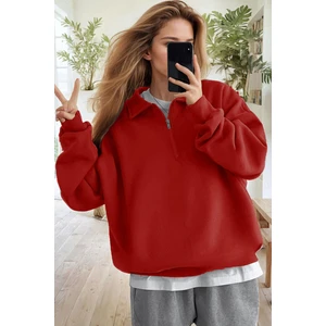 Kadın Kırmızı Yarım Fermuar Polo Yaka 3 Iplik Içi Polarlı Şardonlu Oversize Sweatshirt
