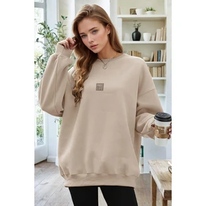 Kadın Taş Free Life Baskılı Kalın Soft 3 Iplik Içi Şardonlu 0 Sıfır Yaka Oversize Salaş Sweatshirt
