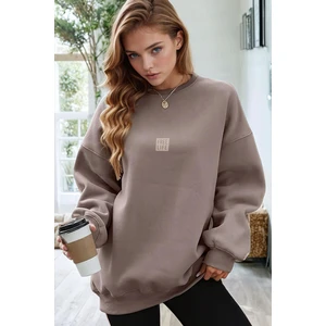 Kadın Açık Kahve Free Life Baskılı Kalın Soft 3 Iplik Içi Şardonlu 0 Sıfır Yaka Oversize Salaş Sweatshirt