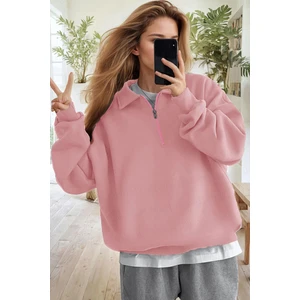 Kadın Pembe Yarım Fermuar Polo Yaka 3 Iplik Içi Polarlı Şardonlu Oversize Sweatshirt