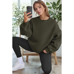 Kadın Haki Yeşili Basic 0 Sıfır Yaka Baskısız Düz Oversize Salaş Bol Kesim Polar Sweatshirt