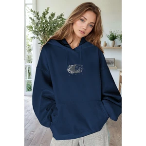 Kadın Lacivert Earth 3 Iplik Şardonlu Kapüşonlu Kanguru Cepli Oversize Salaş Hoodie Sweatshirt