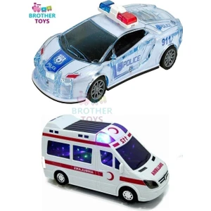 Brother Toys Pilli 112 Ambulans ve Sürtmeli Korumalı Polis Arabası Müzikli Işıklı Oyuncak 2li Set
