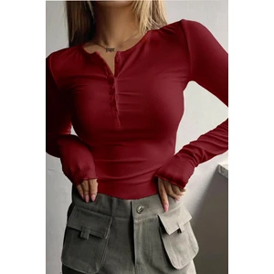 Kadın Bordo Düğme Detaylı Patlı Düğmeli Bisiklet Yaka Uzun Kollu Fitilli Kaşkorse Bluz Body