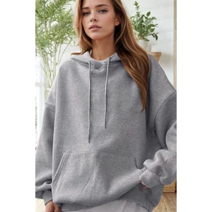 Kadın Gri Düz Kapüşonlu Oversize 3 Iplik Şardonlu Salaş Bol Kesim Hoodie Sweatshirt