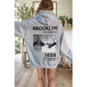 Kadın Gri 1898 Baskılı Kapüşonlu Oversize 3 Iplik Şardonlu Salaş Bol Kesim Hoodie Sweatshirt