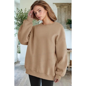 Kadın Camel Basic 0 Sıfır Yaka Baskısız Düz Oversize Salaş Bol Kesim Polar Sweatshirt