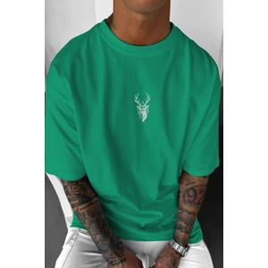 Erkek Yeşil Geyik Baskılı Oversize Fit Bol Geniş Kalıp Salaş Kesim T-Shirt