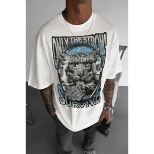 Erkek Ekru Beyaz Survive Oversize Fit Bol Geniş Kalıp Salaş Kesim T-Shirt