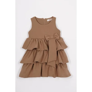 Bisiklet Yaka Kurdele Detaylı Eteği Fırfırlı Sıfır Kol Koyu Kahverengi Renk Kız Çocuk Elbise