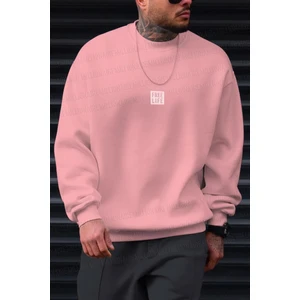 Erkek Pembe Free Life Baskılı Kalın Soft 3 Iplik Içi Şardonlu 0 Sıfır Yaka Oversize Salaş Sweatshirt