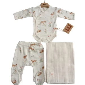 Çiçek ve Geyik Baskılı Kruvaze Body Bej 3 Lü Takım 62 cm  ( Müslin Battaniyeli ) 4947