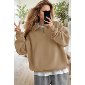 Kadın Camel Yarım Fermuar Polo Yaka 3 Iplik Içi Polarlı Şardonlu Oversize Sweatshirt