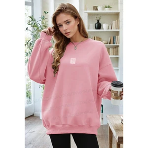 Kadın Pembe Free Life Baskılı Kalın Soft 3 Iplik Içi Şardonlu 0 Sıfır Yaka Oversize Salaş Sweatshirt