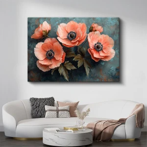 Somon Gelincikler - Turkuaz Fonda Yağlı Boya Tekniği Kanvas Tablo