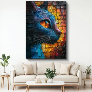 Mozaik Kedi - Renkli Cam Parçalarında Keskin Bakış Kanvas Tablo