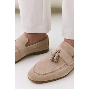 Erkek Süet Deri Bej Püskül Detaylı Klasik Loafer