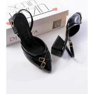 Gabriel Siyah Rugan Çapraz Tokalı (4 cm Topuklu) Sivri Burun Babet Ayakkabı