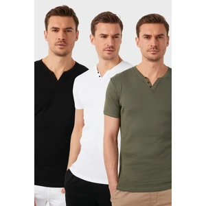 Pamuklu Düğme Detaylı Slim Fit V Yaka 3'lü Paket T Shirt Erkek T Shirt 5902122S3