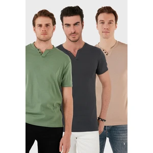 Pamuklu Düğme Detaylı Slim Fit V Yaka 3'lü Paket T Shirt Erkek T Shirt 5902122S3