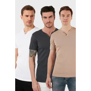 Pamuklu Düğme Detaylı Slim Fit V Yaka 3'lü Paket T Shirt Erkek T Shirt 5902122S3