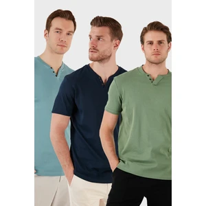 Pamuklu Düğme Detaylı Slim Fit V Yaka 3'lü Paket T Shirt Erkek T Shirt 5902122S3